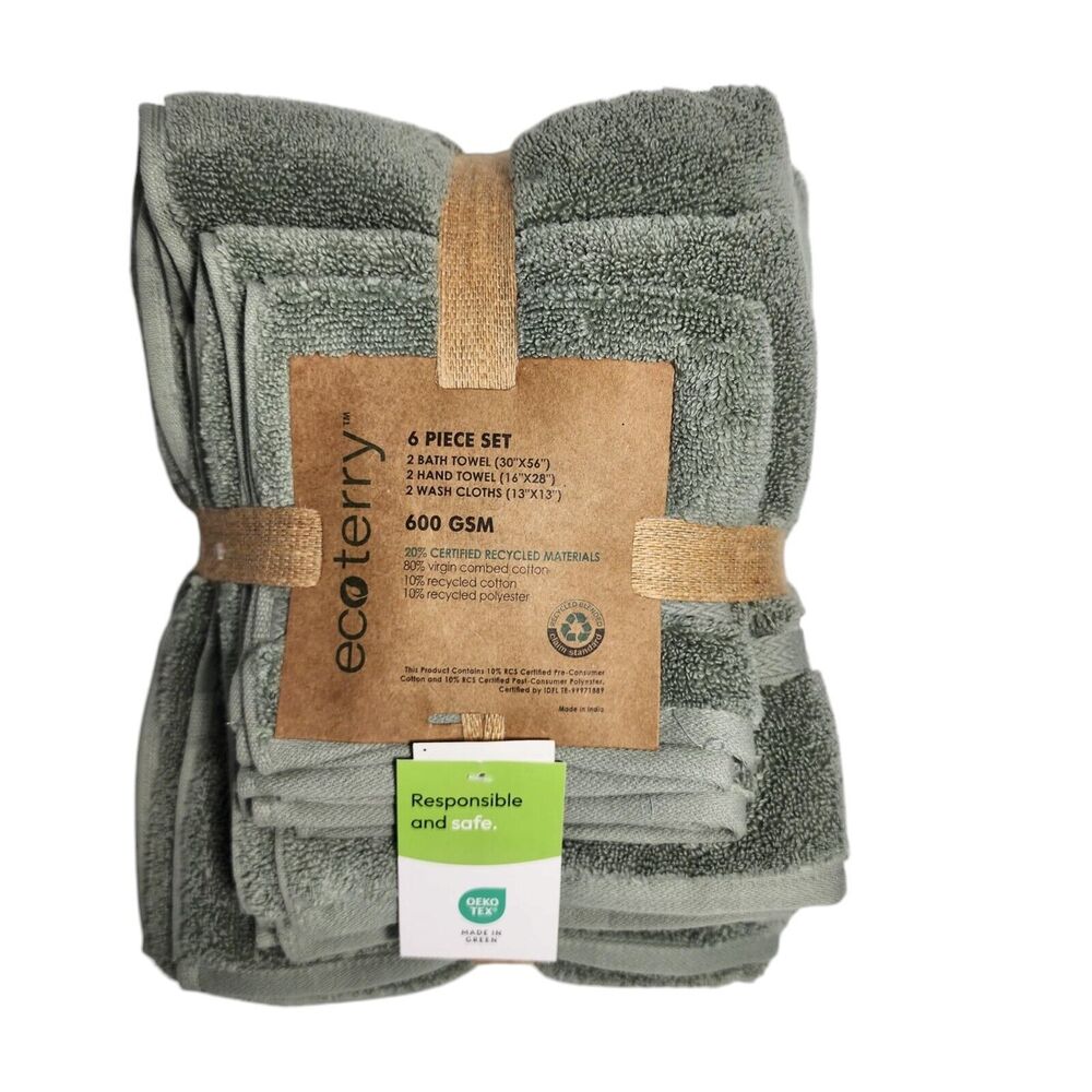 Ecoterry 6pc Dusty‎ Green Bath  Towel Set 2 Bath 2 Hand 2 Washcloths